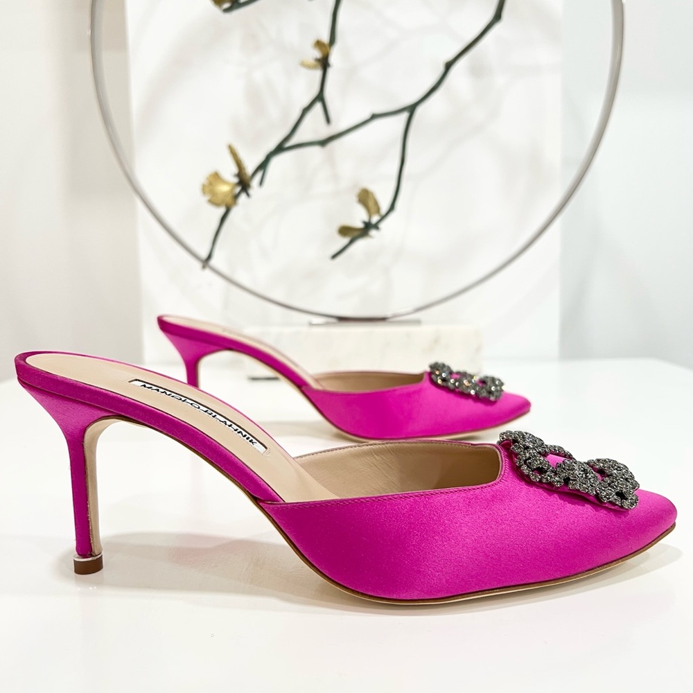 Manolo Blahnik Pink Satin Heels with Embellishments